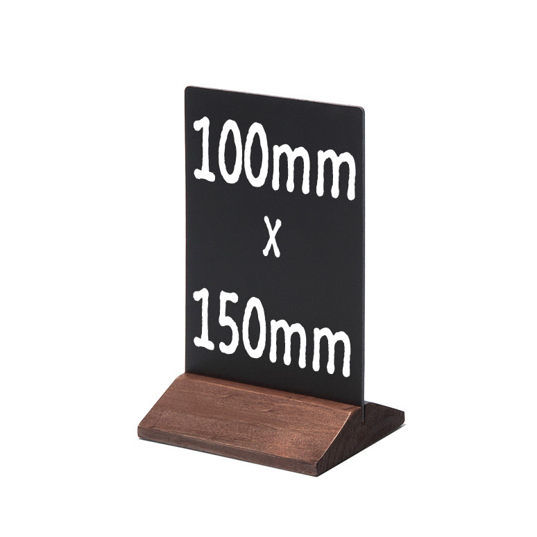 Immagine di Kreidetafel-Tischaufsteller (100x150mm) mit dunkelbraunem Holzfuss